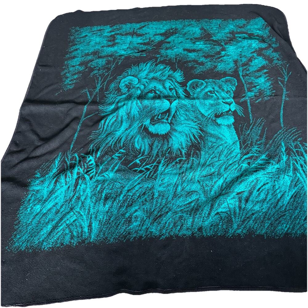 Vintage San Marcos Blanket Lion & Lioness Large Reversible Black Teal 92" x 88"